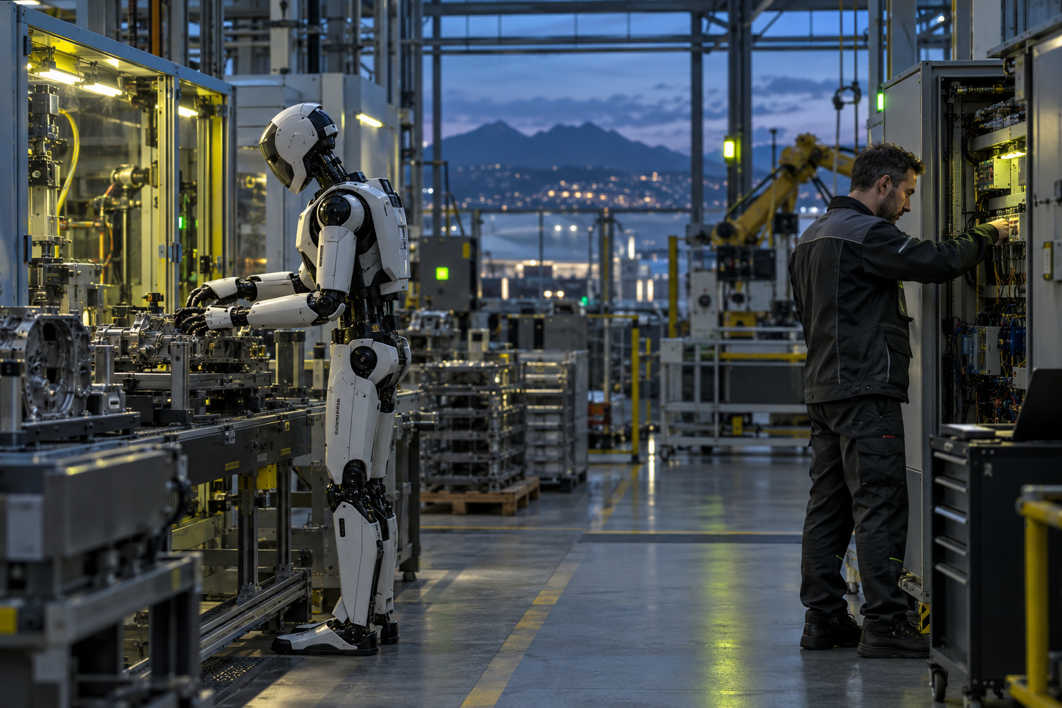 Tecnico e robot in un ambiente industriale, illustrazione generata con IA